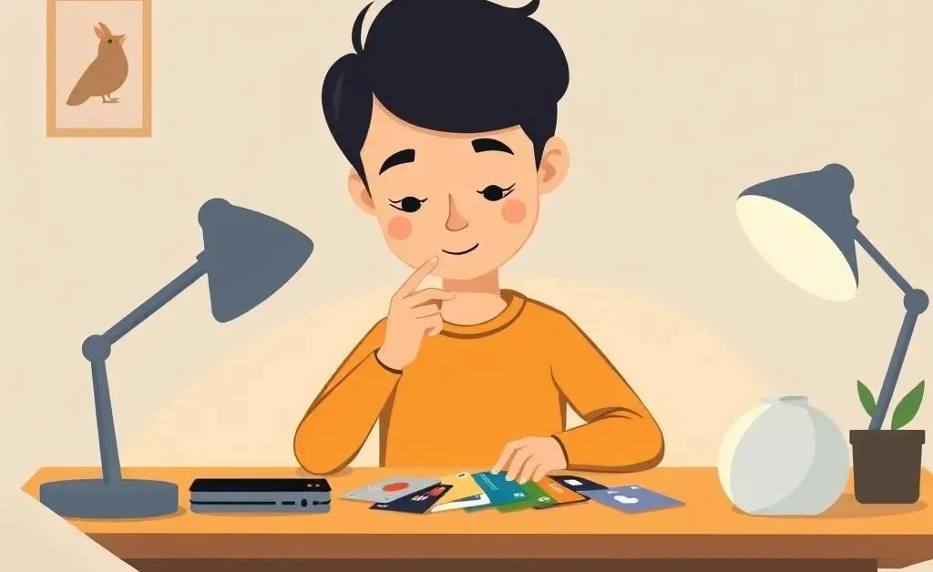 Illustration of a person analyzing credit cards at a desk.