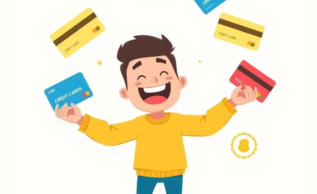 Person juggling credit cards with rewards symbols