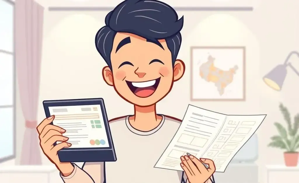 Illustration of a person browsing credit card rewards benefits joyfully.