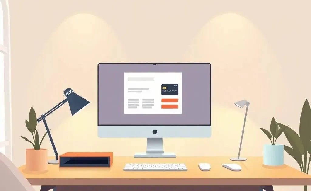 A home office setup with a computer displaying a credit card website