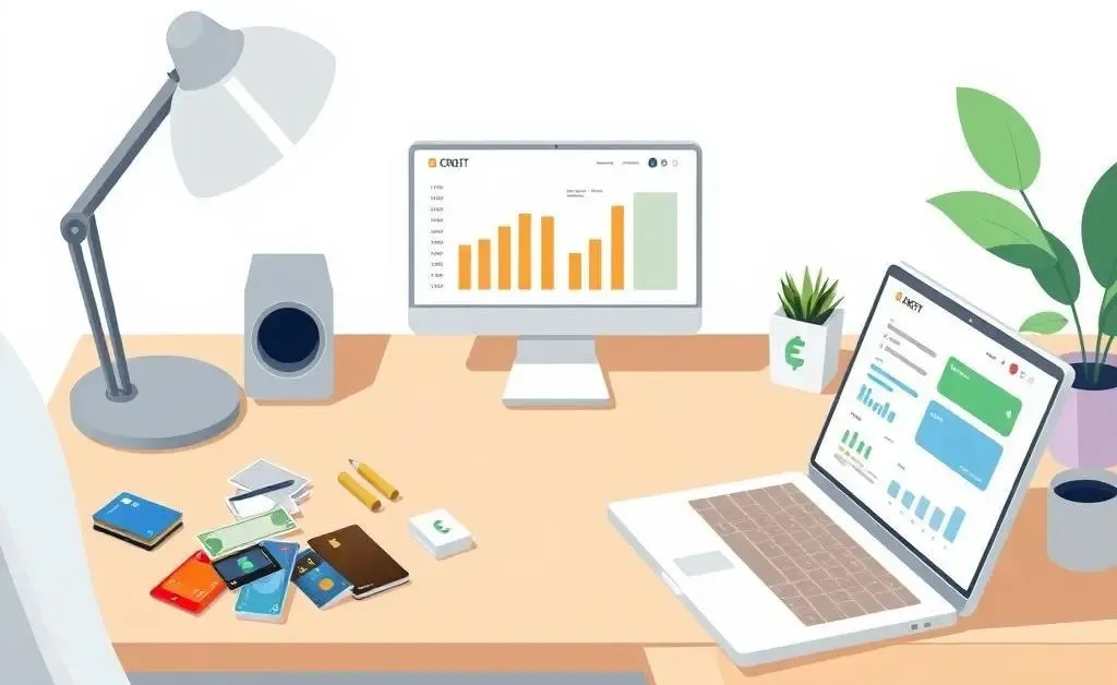 A cozy home office desk with credit cards, bills, and a laptop open to a budgeting app.
