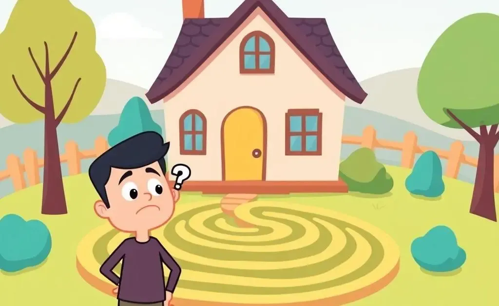 Person puzzled by credit check maze leading to a house