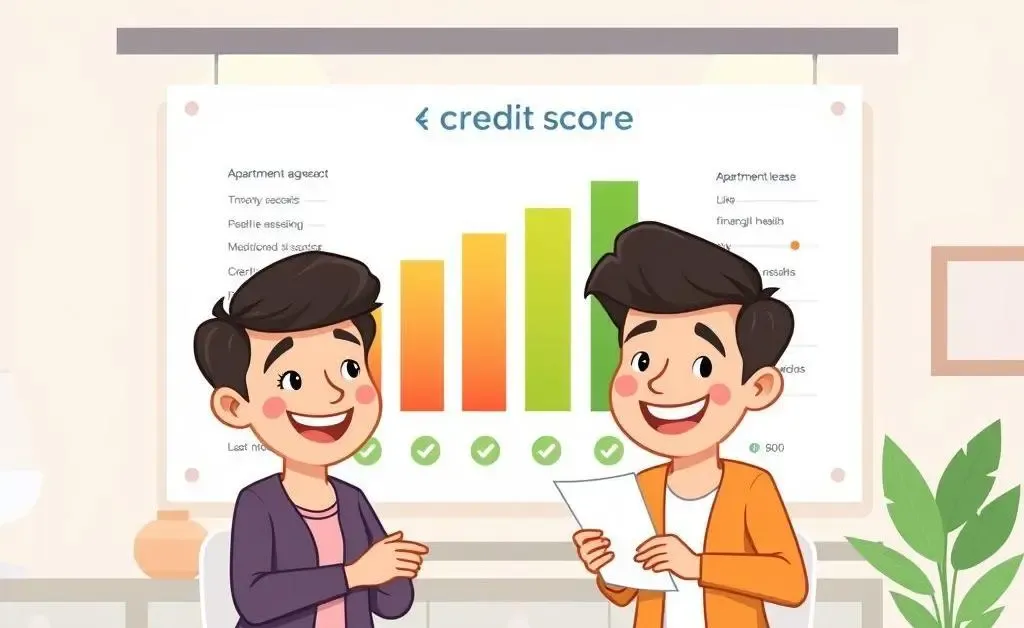 Individuals signing an apartment lease with a credit score chart in the background