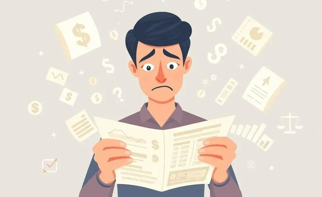 A person looking confused at a credit report surrounded by financial symbols