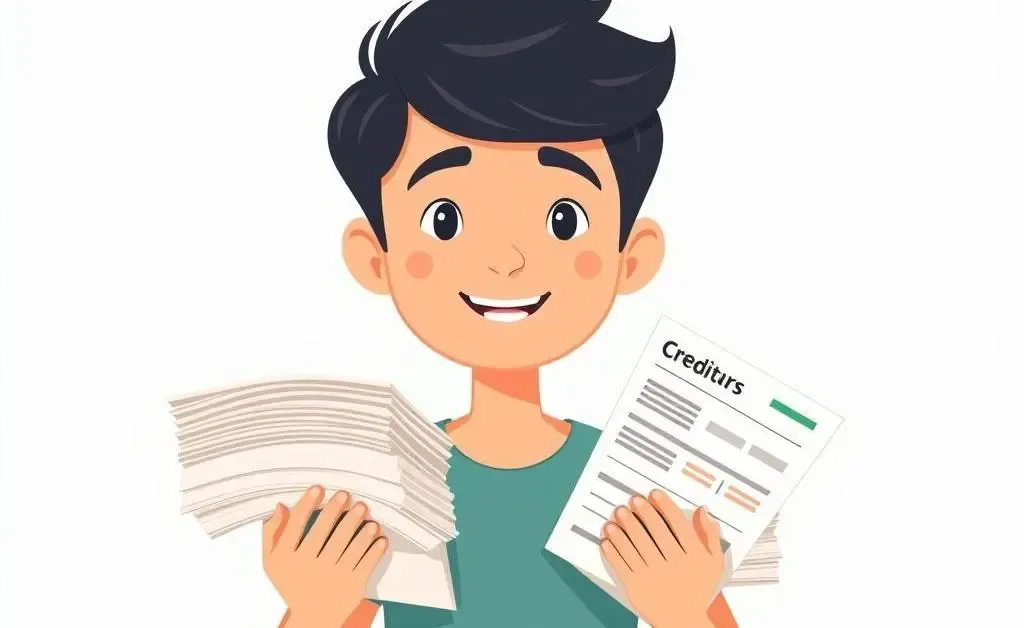 A cartoon-style illustration of a person surrounded by credit reports