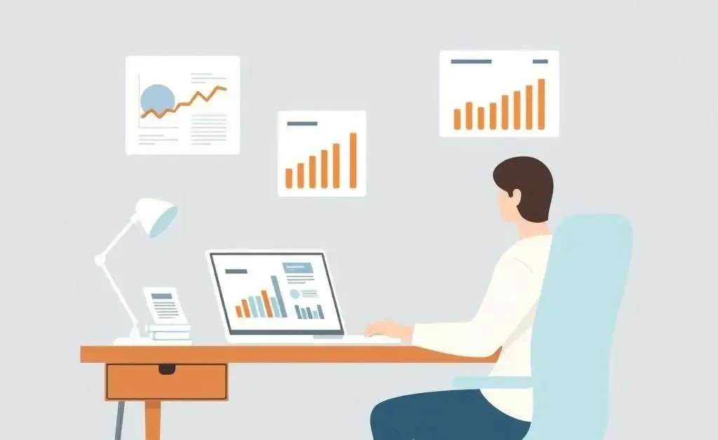 Person reviewing credit score at a desk with charts on a laptop screen