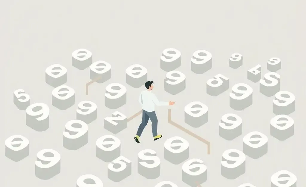 Person navigating a maze of credit score numbers