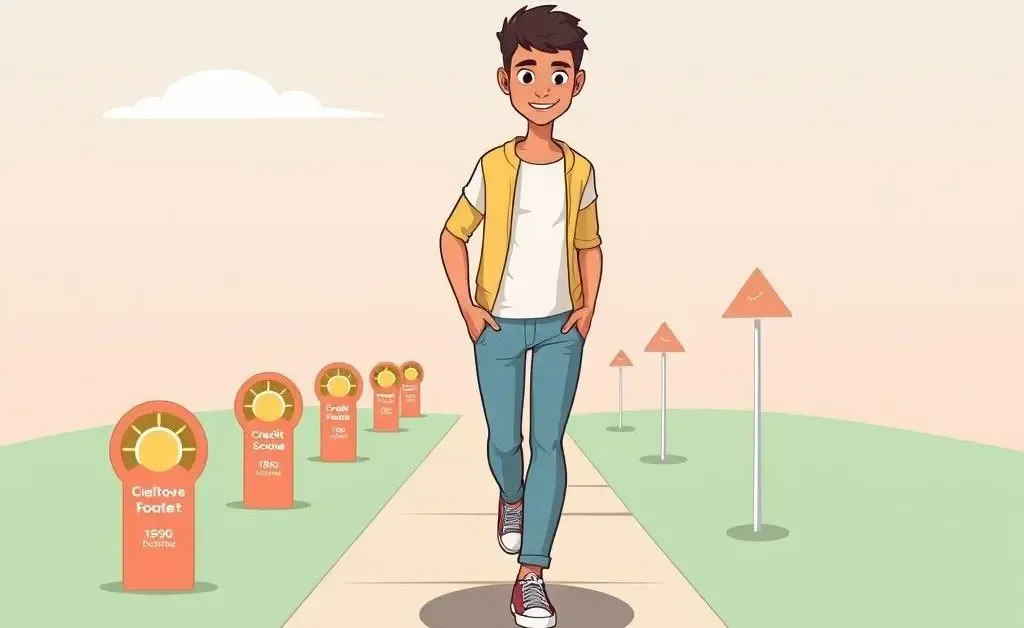 Cartoon of a person navigating a path with credit score milestones