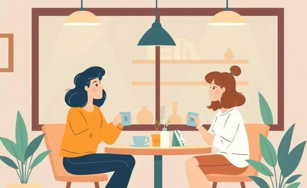 Two friends having a warm discussion about finances in a coffee shop setting.