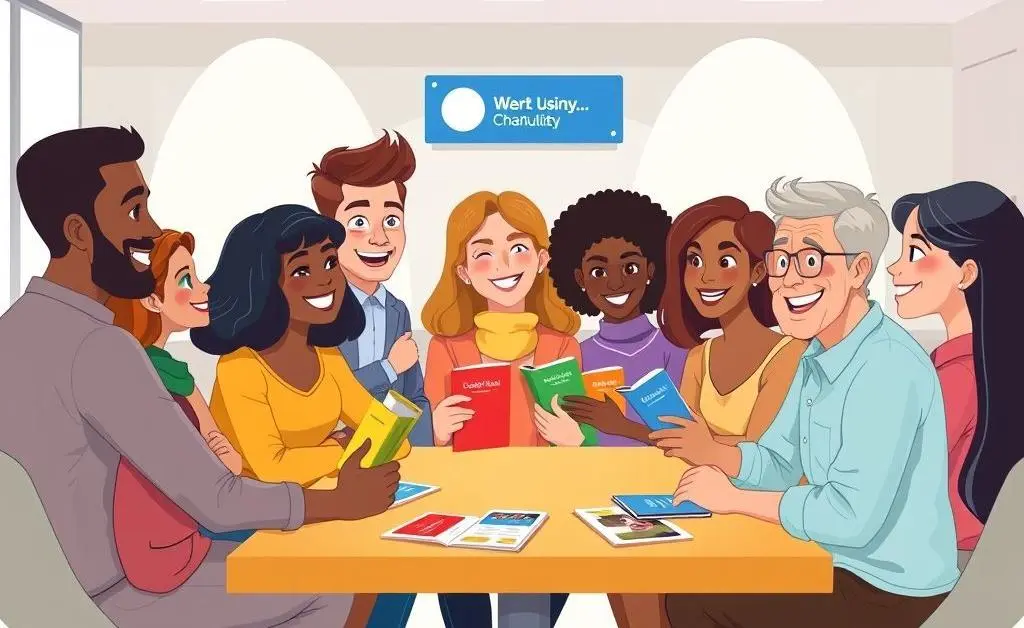 A diverse group of people happily discussing credit union options.