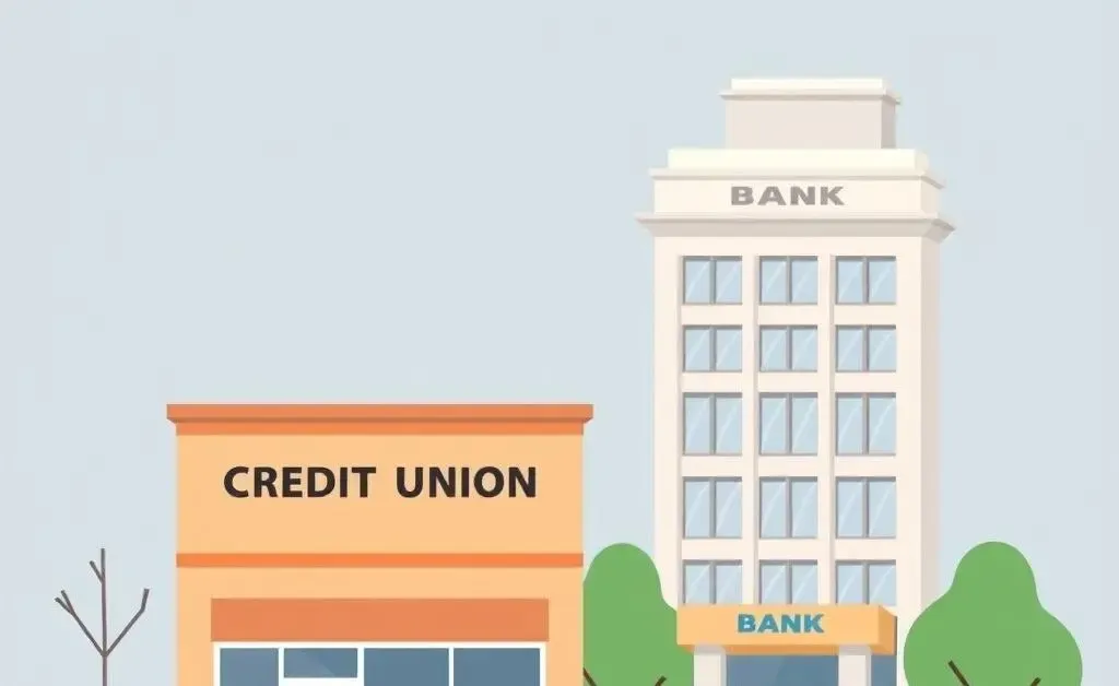 Illustration of a credit union building next to a skyscraper bank