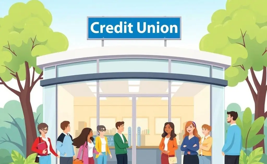 A friendly and inviting credit union building with smiling people outside