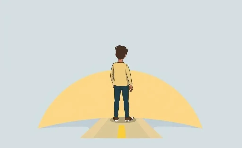 A cartoon-style image of a person standing at a crossroads pondering their decision.