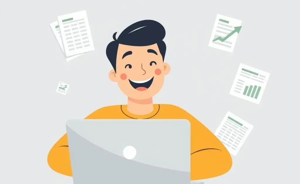Illustration of a person converting CSV files to XLSX format on a laptop