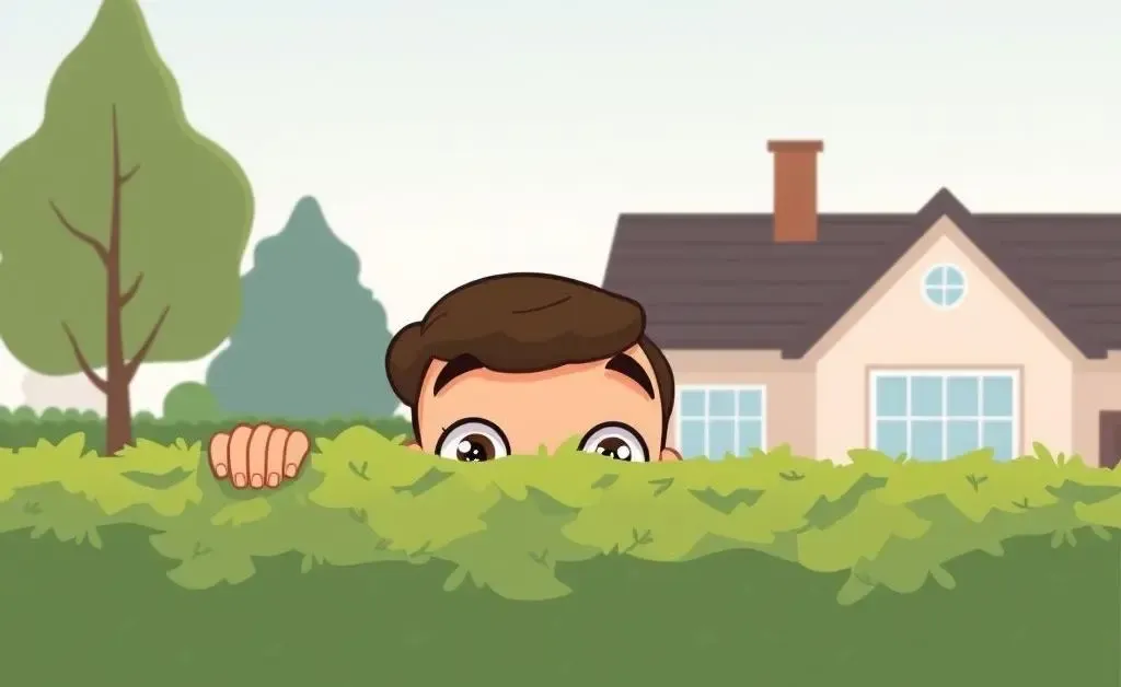 A curious neighbor peeking over a hedge towards the house next door