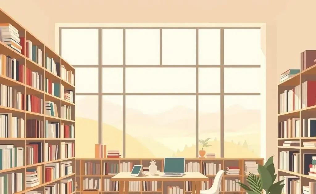 A cozy study room with books and a large window.