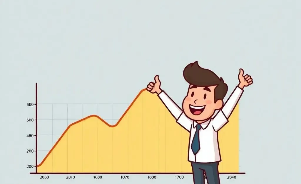 Illustration of a person celebrating steady investment growth over time.