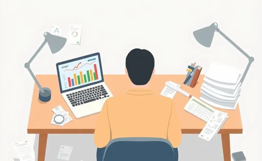 A person at a desk managing their debt using a laptop and bills.