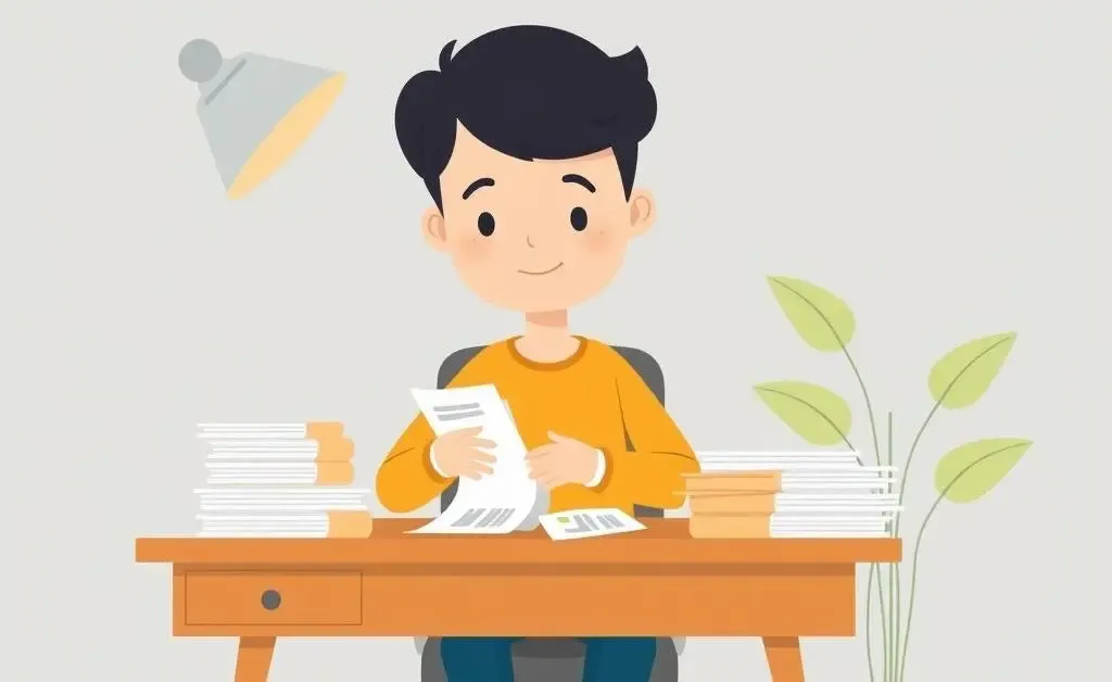 Person at a desk organizing bills with a relieved expression