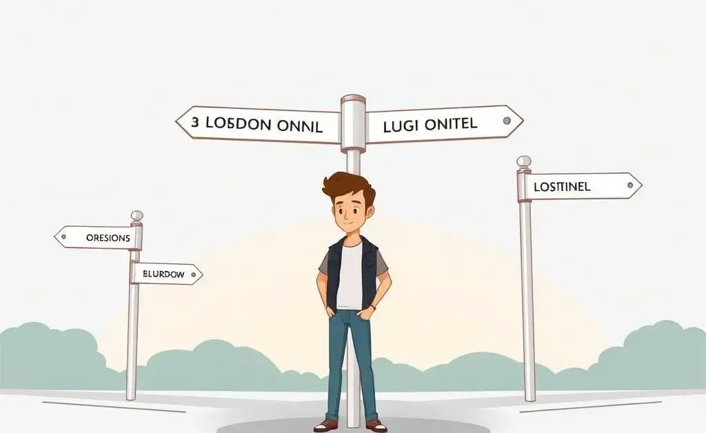 Person standing at a crossroads with London neighborhood signposts