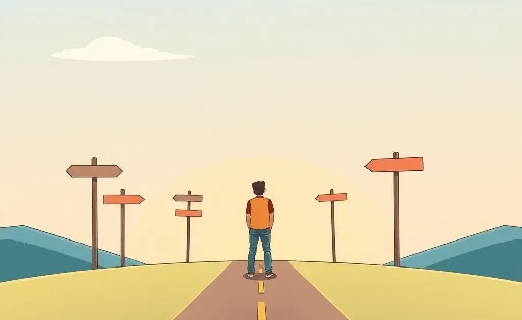 Person at crossroads with signs showing different paths.