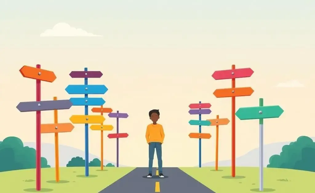 Person standing at a crossroads with various life decision signposts