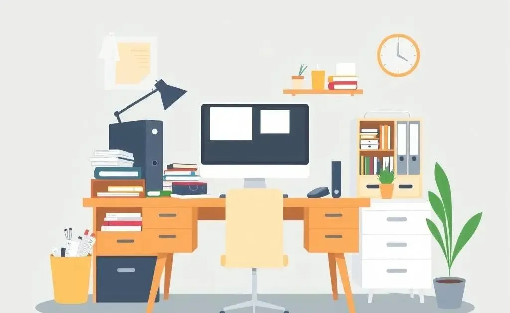 A desk transitioning from cluttered to tidy, symbolizing a decluttered mind