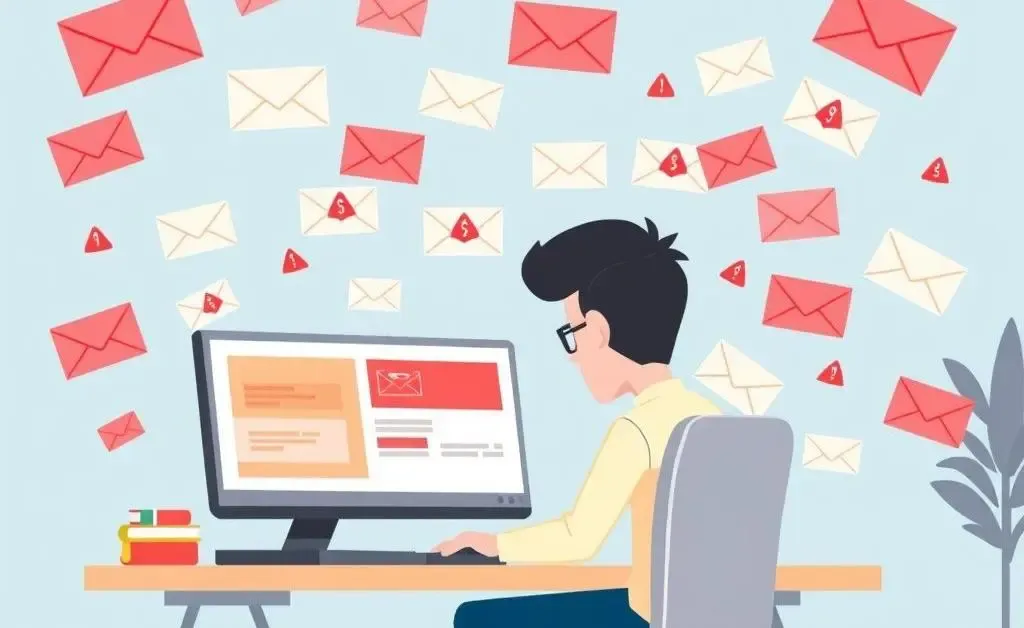 A cartoon person examining suspicious emails on a computer screen