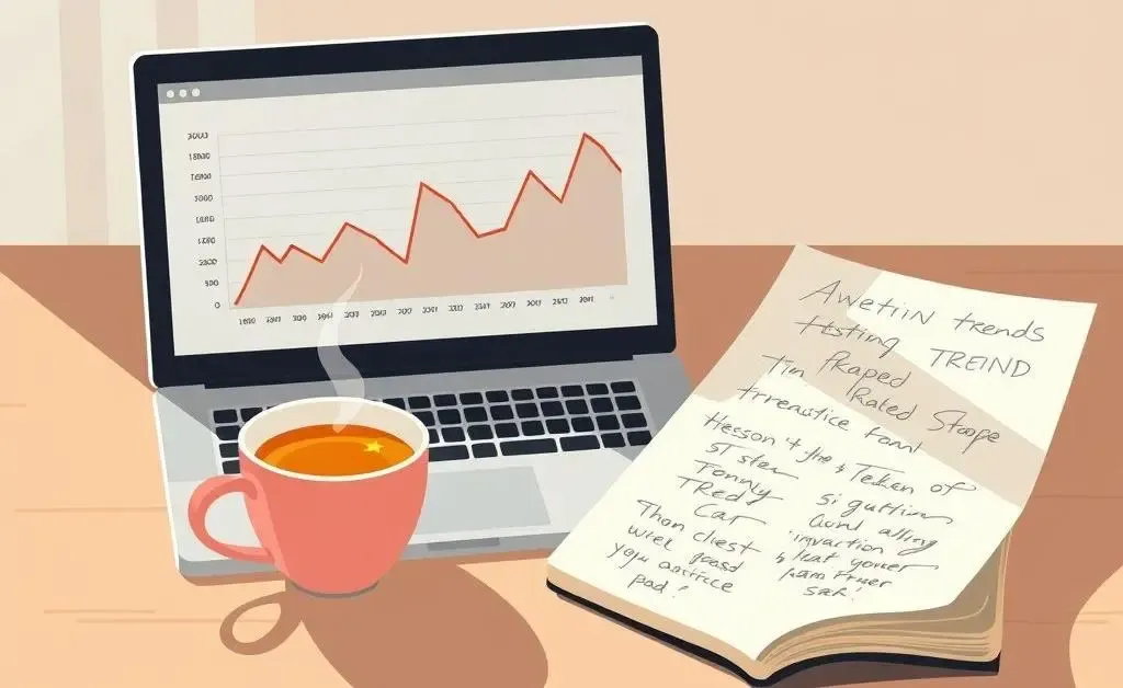 A table with tea, a laptop showing an investment graph, and a notepad.