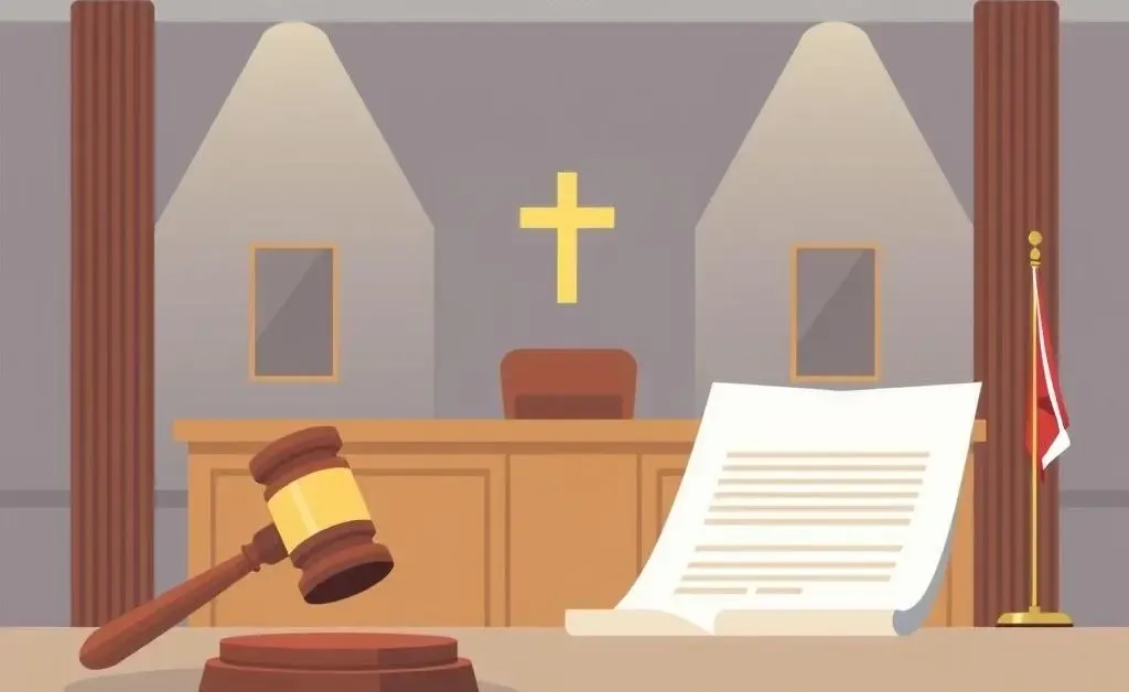 A serene courtroom scene with a gavel and a legal document