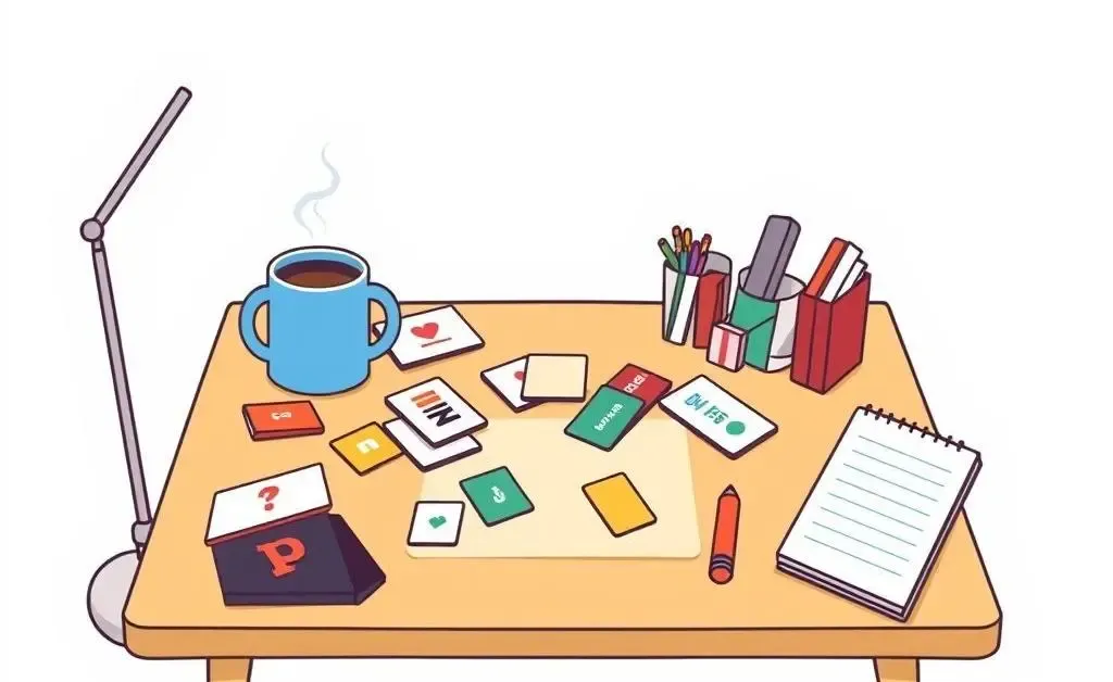 A variety of gift cards on a desk beside a coffee mug and notepad