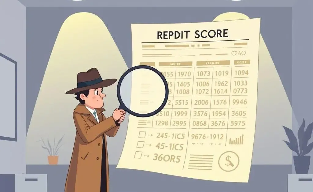 Detective examining a credit score document with a magnifying glass