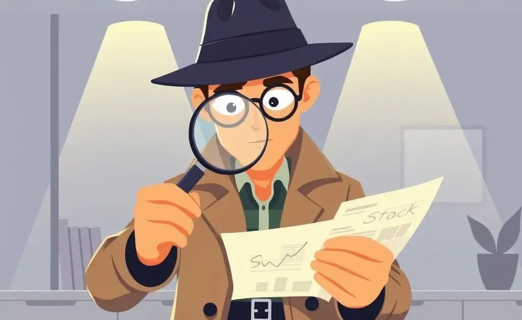 Detective examining stock records with a magnifying glass