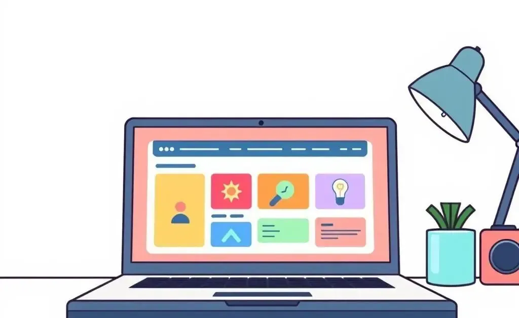 A digital workspace with a laptop showing an online portfolio