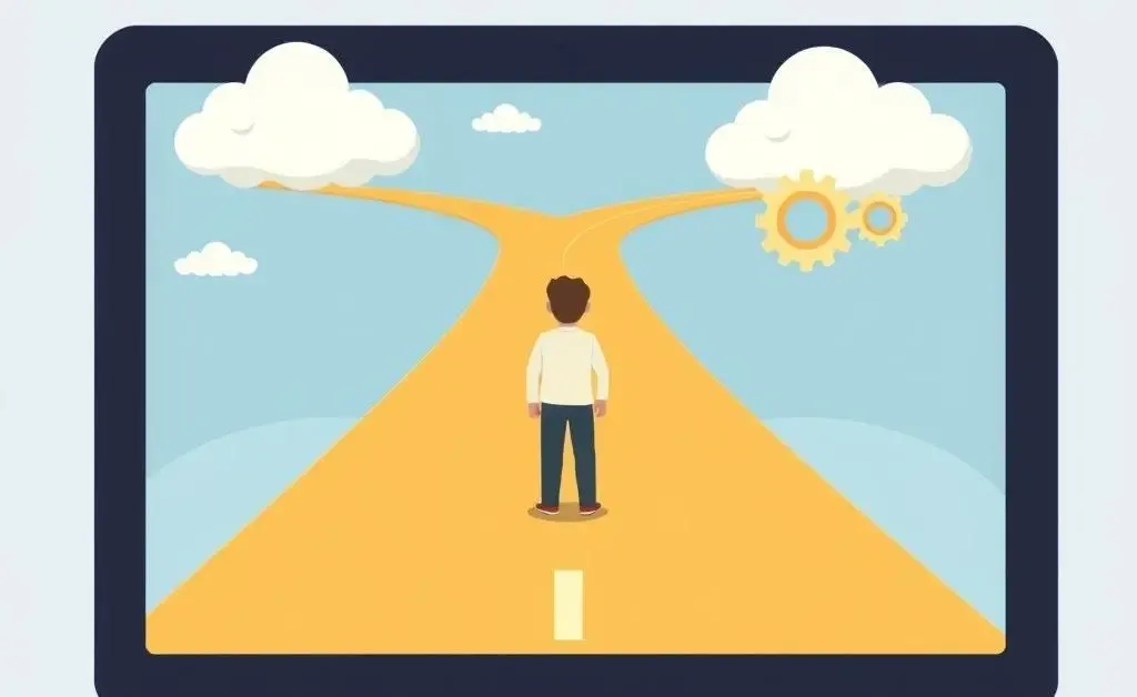 Person pondering a fork in a digital roadmap with symbols of change