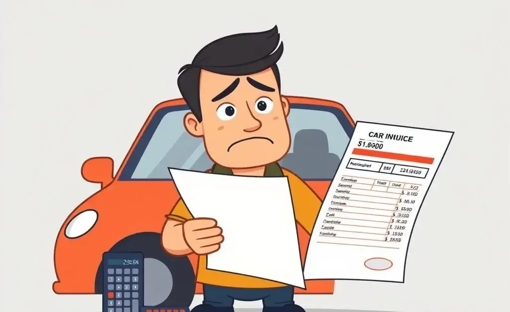 A puzzled car owner looking at a repair bill and a calculator