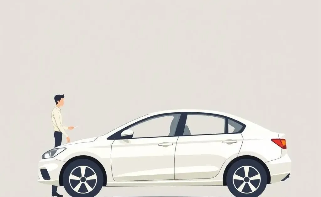 A cartoon illustration of a person examining a car for value assessment