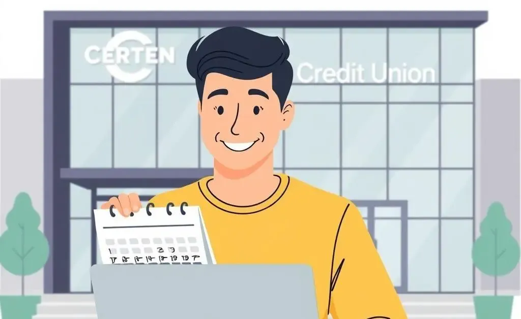 Person checking calendar and laptop in front of credit union