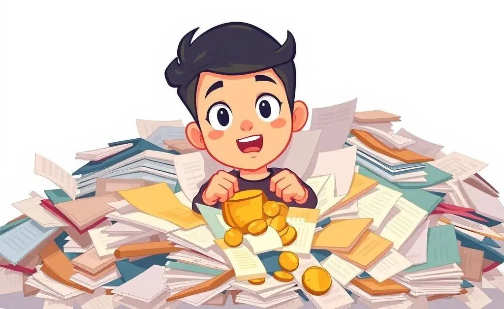 Person discovering treasure in paperwork