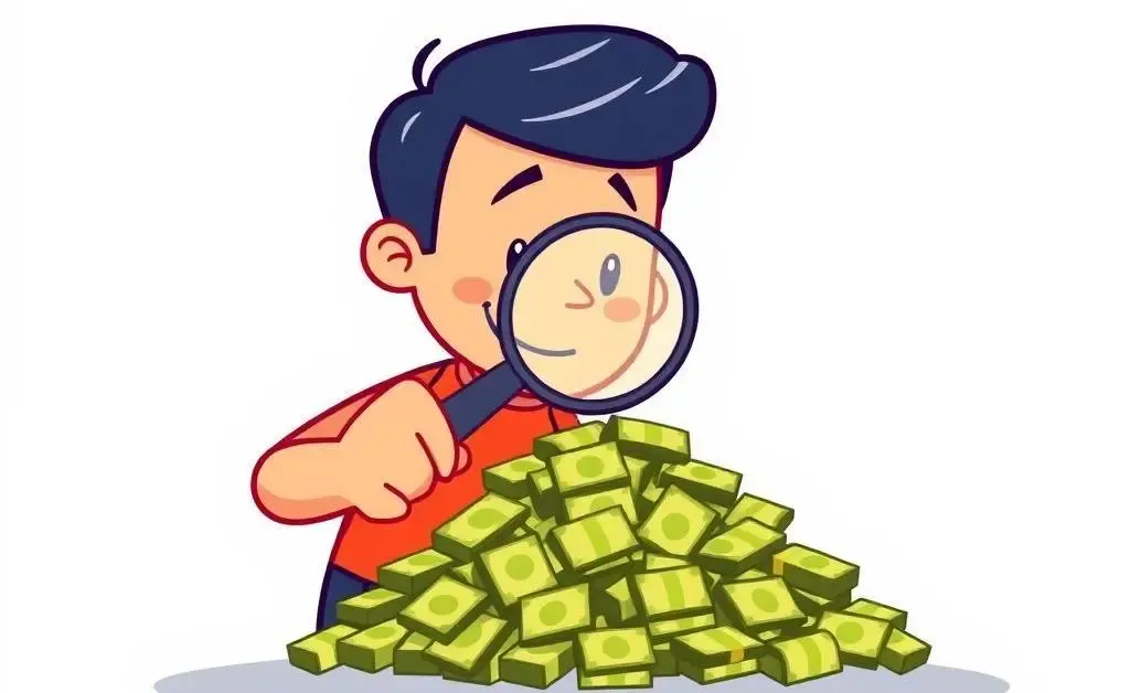 Person examining savings pile with a magnifying glass