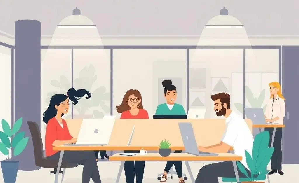 Illustration of diverse employees working together in an open office.