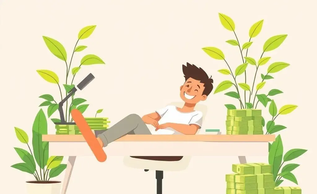 Illustration of a person surrounded by growing money plants, signifying passive income.