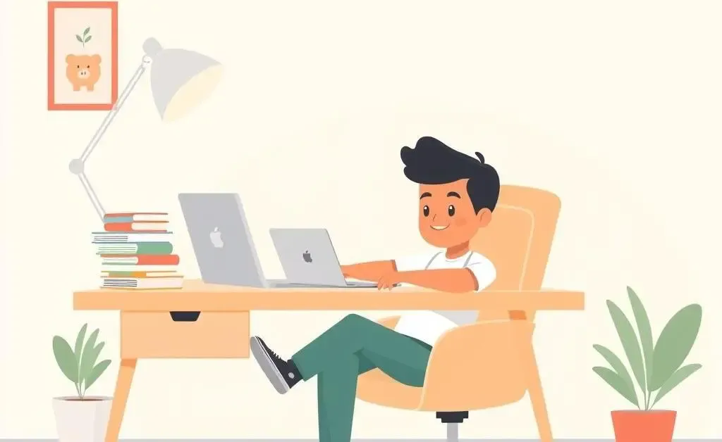 Cartoon-style image of a person at a desk with investment books and piggy bank