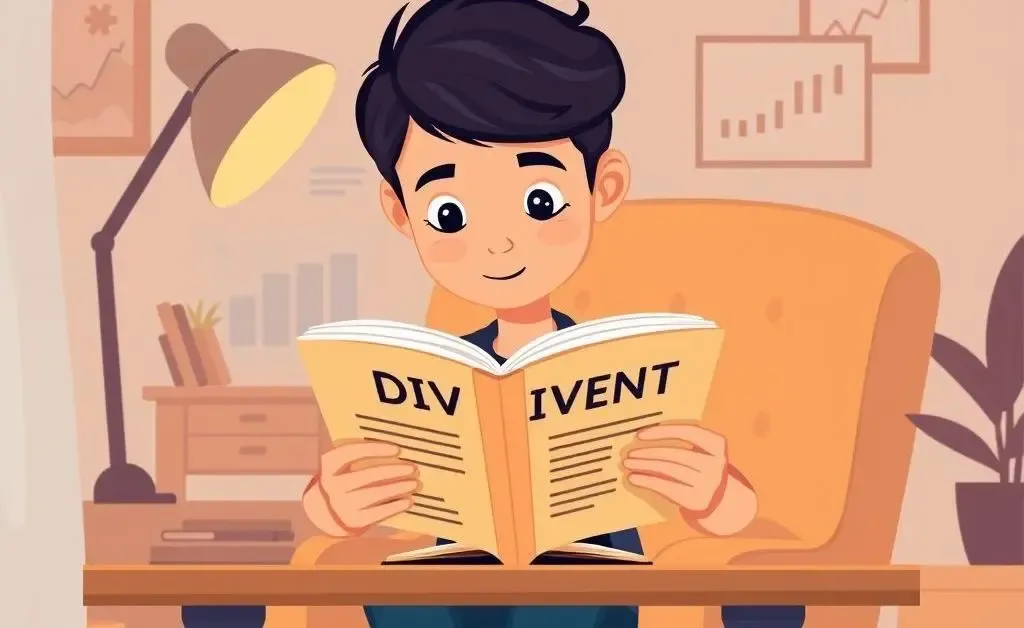 Cartoon of a person learning about dividend investing at a desk.