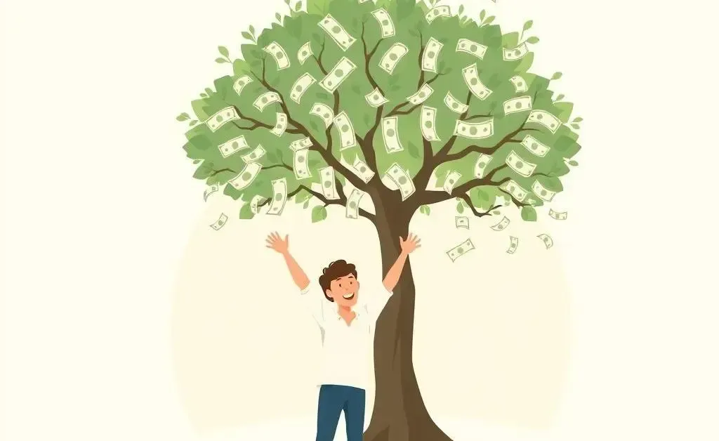 Illustration of a person collecting dividends from a money tree