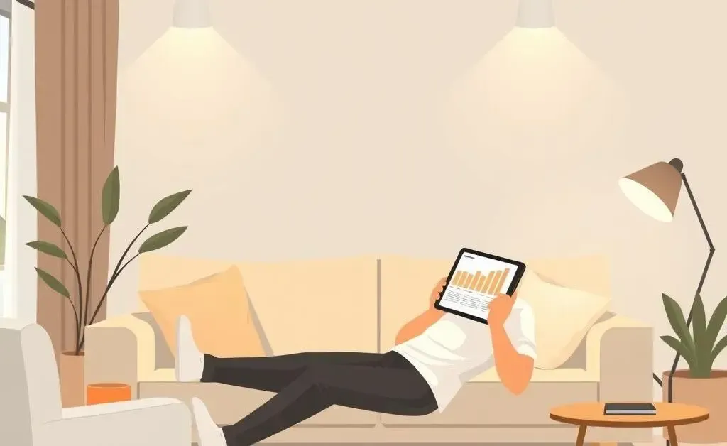 Person comfortably investing using a tablet in a cozy living room