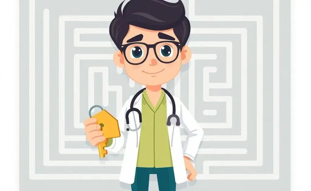 A young doctor holding a house key in front of a mortgage maze
