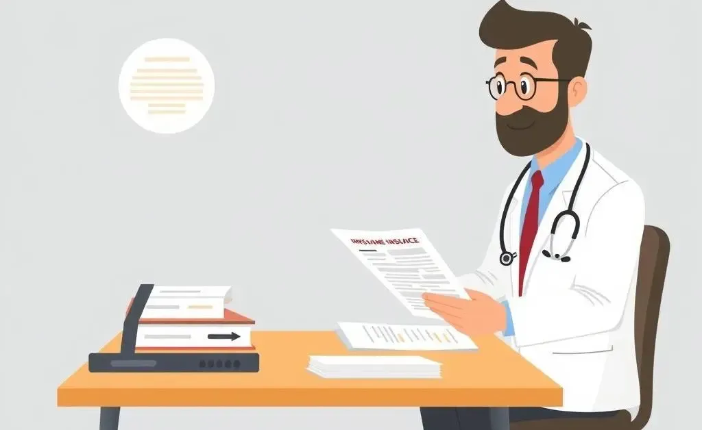 A doctor and a patient discussing health insurance documents