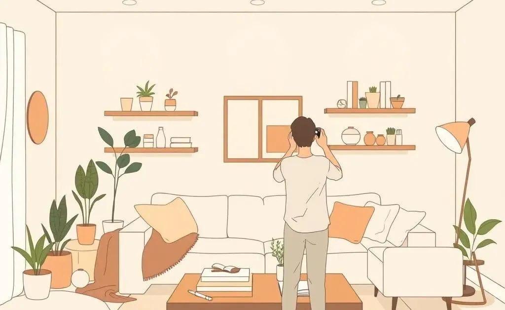 Person documenting belongings in a living room