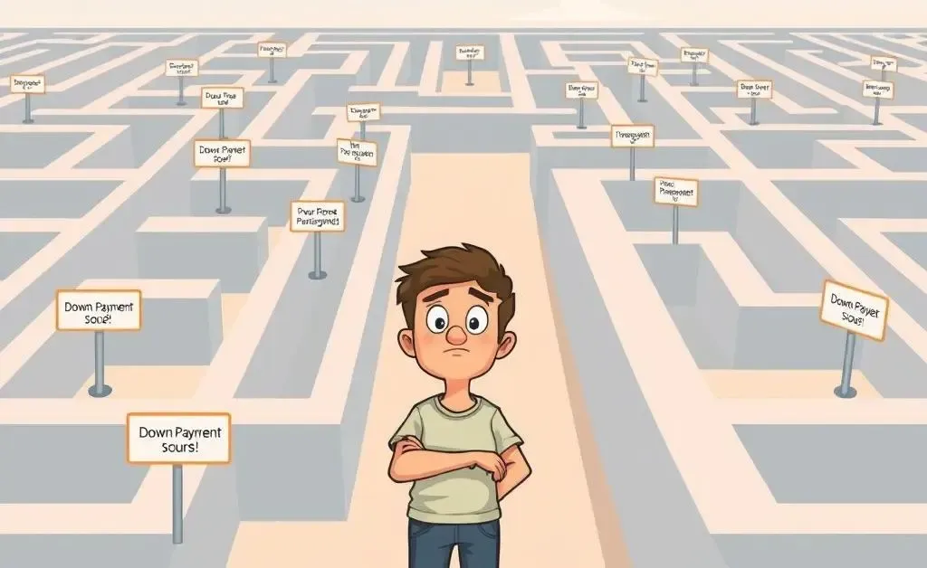 A puzzled first-time homebuyer in front of a maze of down payment options